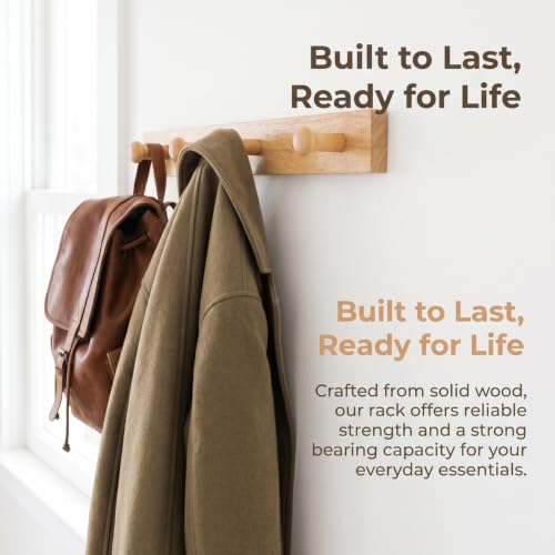 TOYANDONA Wooden Wall Mounted Coat Rack Hook with 4 Rubberwood Pegs, Natural and Hat Hanger for Bedroom and Entryway Storage