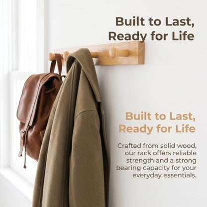 TOYANDONA Wooden Wall Mounted Coat Rack Hook with 4 Rubberwood Pegs, Natural and Hat Hanger for Bedroom and Entryway Storage