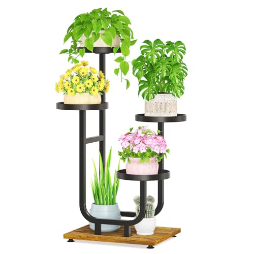 LASZOLA Plant Stand Shelf Tall for Indoor Corner, 4 Tier Metal Black | Modern Multiple Flower Display Rack with Wooden Tray, Metal Vertical Planter Holder for Living Room Bedroom Patio Garden - color: Matte Black, size: 4 Tier