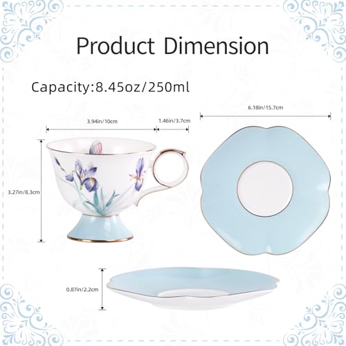 KAMMAK Ceramic Coffee Cups Saucers Set of 2, Porcelain Espresso Cups with Saucers, 8.45 oz Handcrafted Elegant Bone China Tea Cups, Iris Flower & Butterfly Pattern Teacup for Party, Office, Gift - color: Flying Summer Kite (Light Blue + Pink)