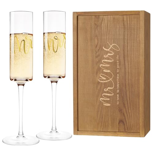 AW BRIDAL Mr and Mrs Champagne Flutes Set of 2, Engagement Gifts for Couple | Bridal Shower Gifts for Bride to Be Women, Wedding Gift for Newlyweds 2026, Bride and Groom Toasting Glasses with Wooden Box - color: Mr & Mrs（Brown）, size: Set of 2（Wooden box）