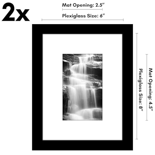 Americanflat 6x8 Picture Frame 2-Pack - Matted to 3x5 - Black | Slim Molding construction, Polished plexiglass front, wall or tabletop display with included easel, triangle hangers included - color: Black, size: 6x8
