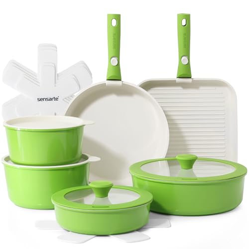 SENSARTE 17 Piece Ceramic Detachable Handle Pots and Pans Set Green | Ceramic Cookware Set, Induction Cookware Set with Removable Handle, Healthy Non Stick for RV, Dishwasher ＆ Oven Safe - color: Green, size: 17 Piece