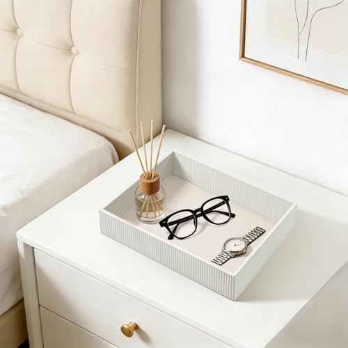 SITHON Valet Tray Desk Organizer PU Leather Catchall | Bedside Vanity Tray Nightstand Caddy Coin Box Key Jewelry Storage Organizer, Graduation, Stripe Pearl White - color: Stripe Pearl White
