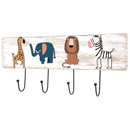 Wood Safari Animal Coat Rack with 4 Hooks Vintage Jungle Wall Decor Hooks, Giraffe Elephant Lion Zebra Wall Mounted Hanger for Entryway Bathroom Bedroom Hats Keys Towels - style: Jungle