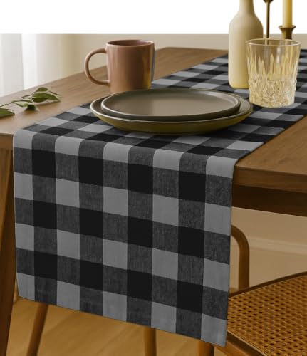 Light Grey and Black Buffalo Check Table Runner, 13x90 Inches, 100% Cotton, Washable, Reusable Rustic Farmhouse Dining Table Décor for Modern Homes, Holidays and Everyday Use - color: Black, Light Grey, size: 90" x 13" (Rectangular)