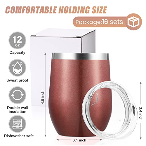 Remagr 16 Pack Stainless Steel Wine Tumblers 12 oz Insulated Vacuum Wine Cup Set Double Wall Stainless Steel Stemless Mug Glasses for Coffee Soda Whiskey Outdoor Travel (Rose Gold) - color: Rose Gold