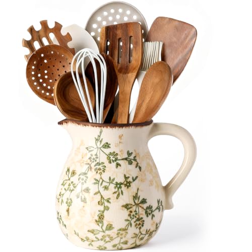 Rustic Ceramic Utensil Holder, 6.1” Vintage Farmhouse Cooking Utensil Holder for Kitchen Counter, Modern Kitchen Utensil Organizer Crock for Kitchen Tools, Countertop & Home Decor