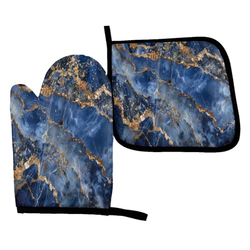 Perinsto Blue Gold Marble Print Oven Mitts & Pot Holders Kitchen Set Heat Resistant Decorative Cooking Gloves Microwave Oven Gloves for Baking Grilling BBQ - color: Blue Gold Marble Print, size: Set of 2