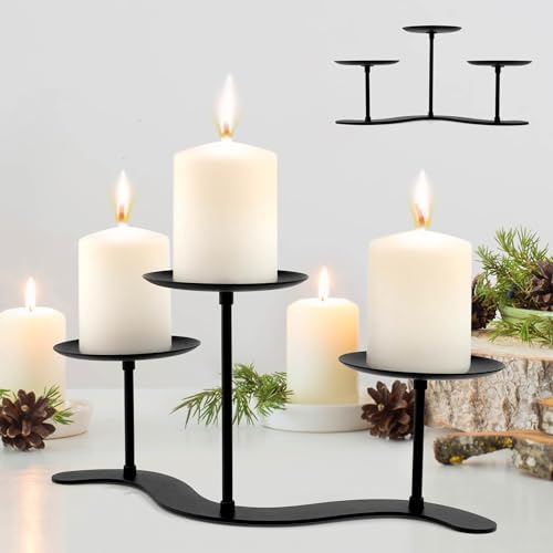 3-Arm Wave Fireplace Candle Holder, Pillar Candelabra Centerpiece | Matte Black Metal 3-tier Candle Stand with Wave Base for Dining Table, Mantle & Christmas Decor - color: S-3 Candles