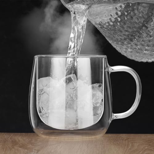 Large Double Walled Glass Coffee Mugs Beer Cups 24oz set of 2, Insulated Clear Borosilicate Glass Tea Lemonade Cups with Handle - color: 24OZ-SET OF 2