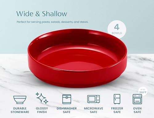 KooK Ceramic Large Pasta Bowls, Microwave and Dishwasher Safe, Great for Soups and Salads, Shallow Serving Bowls, Glossy Porcelain, 47 oz, Set of 4, Cherry Red - color: Cherry Red