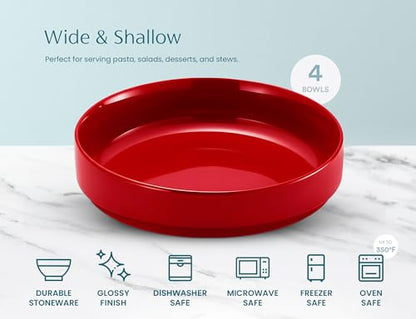 KooK Ceramic Large Pasta Bowls, Microwave and Dishwasher Safe, Great for Soups and Salads, Shallow Serving Bowls, Glossy Porcelain, 47 oz, Set of 4, Cherry Red - color: Cherry Red