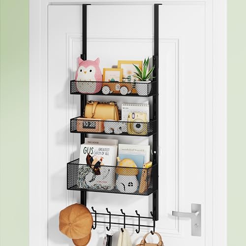 HapiRm Over The Door Hanger with Coat Hooks and 3 Baskets, Rustproof Over The Door Hooks, Storage Organizer for Hats, Towels - Black - color: Black-3 Baskets