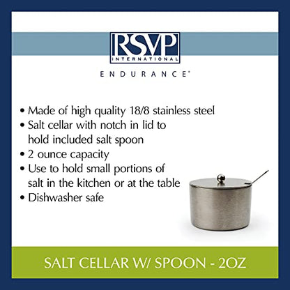 RSVP International Endurance Kitchen Collection Salt Cellar Set with Spoon, 2-Ounce, Brushed Stainless Steel - size: 2-Ounce