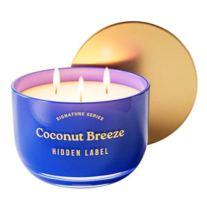 Hidden Label Coconut Breeze Candle, 18oz 3-Wick Soy Wax | 75+ Hour Burn | Tropical Shore Blend | Non Toxic Plant Wax | Triple Flame Even Melt | Housewarming Ready - color: Coconut Breeze