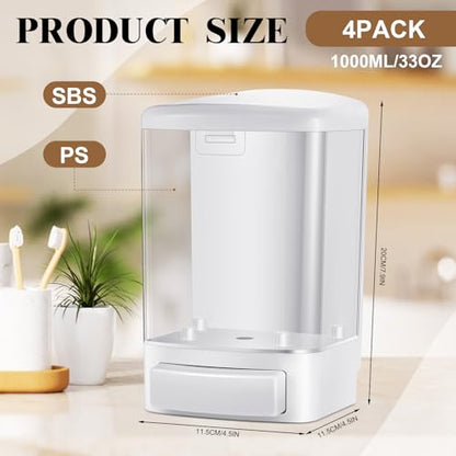 Hushee 4 Pcs Wall Mounted Soap Dispenser,33.8 Oz 1000 Ml,White | Manual Press, 1000ml 33.8oz Capacity Clear Window, For Restaurant Bathroom Kitchen Hotel, Liquid Soap Shampoo Dispenser - color: White, size: 33.8 oz 1000 ml
