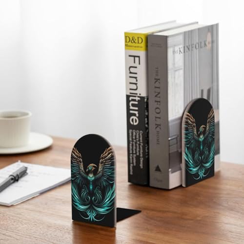 Book Ends for Shelves Fantasy Phoenix Non Skid Wooden Bookends Heavy Duty Decorative Book Stoper for Home Office Library