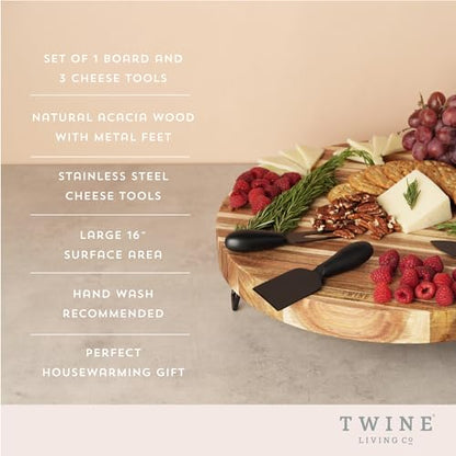 Twine Acacia Cheese Board and Knife Set, Footed Cheese Snack Tray and Cheese Knives Set Cooking Accessories, 16inch Diameter - style: Footed Board and Knife Set