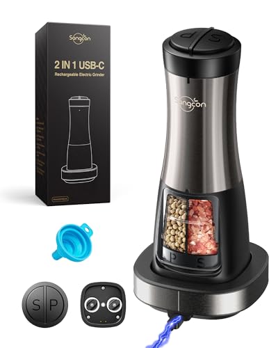 Sangcon 2-in-1 Rechargeable Salt and Pepper Grinder, USB-C Charging Base, One-Handed Automatic Grinder with Adjustable Coarseness & Light, Dual-Chamber Refillable Mill, Housewarming Gifts for Cooks - color: Gunmetal Plus
