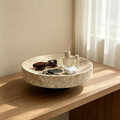 Medium Natural Travertine Marble Footed Tray 7.9" x 7.9" x 2.6", Decorative Vanity Organizer Bowl for Bathroom Countertop Perfume Jewelry Catchall Tray Home Decor - size: 7.87*2.56in