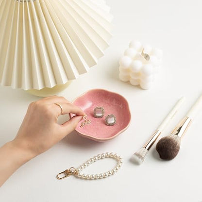BEUNAIZER Ceramic Ring Dish, 4.3 in Flower Jewelry Tray with Raised Sides | Deep flower shape helps hold more small items and reduces the chance of jewelry sliding out. - color: pink