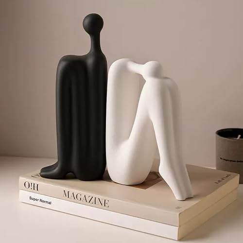 Linxia Abstract Ceramic Figurine Bookends | Matte Black & White Pair | Back-to-Back Design | Decorative Desk, Office & Window Display Accents - color: Matte Black & White