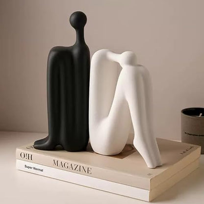 Linxia Abstract Ceramic Figurine Bookends | Matte Black & White Pair | Back-to-Back Design | Decorative Desk, Office & Window Display Accents - color: Matte Black & White