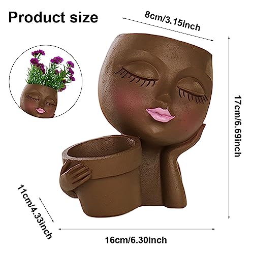 Face Planter Pot, Lady Head Planter with Drainage Holes, Brown | Dual-compartment lady head planter with drainage holes for succulents, cactus, and air plants - color: Brown