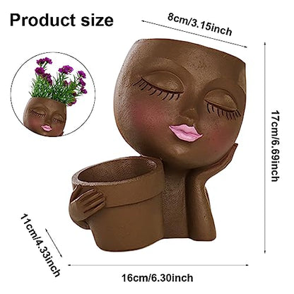 Face Planter Pot, Lady Head Planter with Drainage Holes, Brown | Dual-compartment lady head planter with drainage holes for succulents, cactus, and air plants - color: Brown