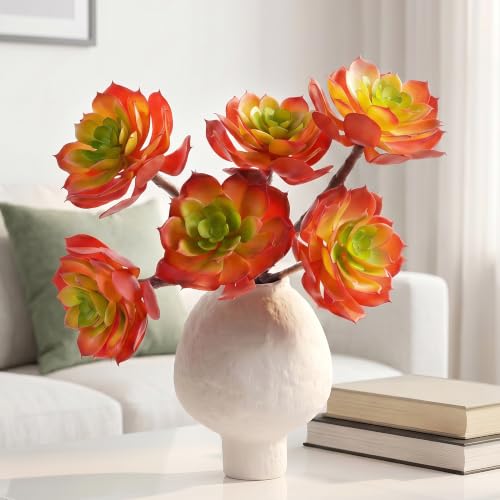 2 Pcs Large Artificial Succulent Plants, 14.2-Inch Red Orange Rounded Rosettes, 3 Heads Each, UV-Resistant Unpotted Fake Succulents for Outdoor Planters and Indoor Centerpiece Decor - color: Short Red