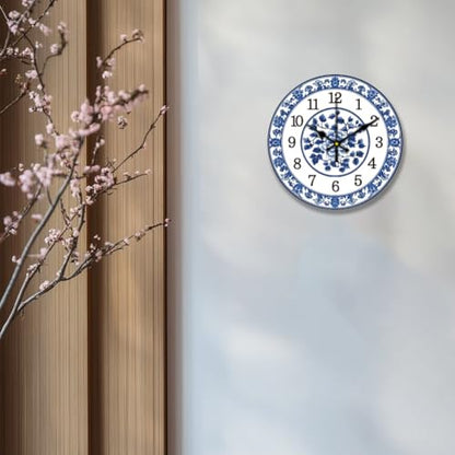 CHGCRAFT 12inch Blue and White Porcelain Pattern Wall Clock Battery Operated Silent Non Ticking Flowers Round Decorative Clock for Office Home Kitchen Decor