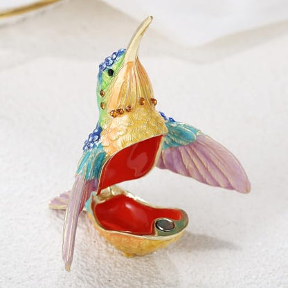 Hand Painted Trinket Box for Home Decor Accents, Enamel Hinged Jewelry Box for Bookshelf Office Table Desk Decoration, Classical Figurine Collectible Keepsake Animal Sculptures (Hummingbird)