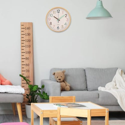Qunclay Boho Classroom Wall Clock Colorful Fun 8 Inch Silent Non-Ticking Battery Operated Clock for Back to School Office Bedroom Living Room Playroom Nursery Kitchen Brown Bamboo Grain