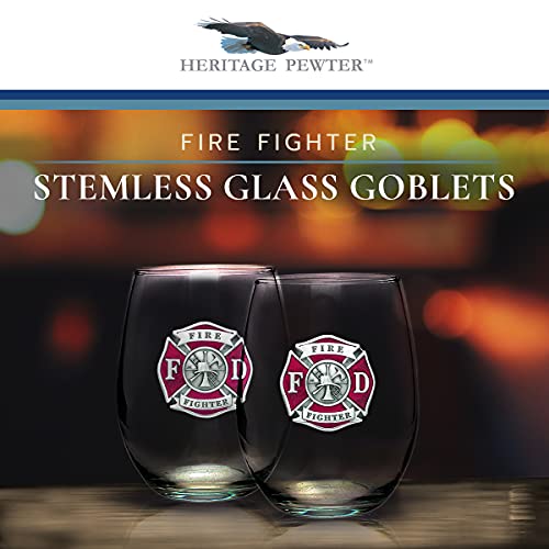 Heritage Pewter Firefighter Stemless Glass Goblets – Set of 2 | 15 OZ Goblet Wine Glasses | Expertly Crafted Pewter Glass - style: FIREFIGHTER RED