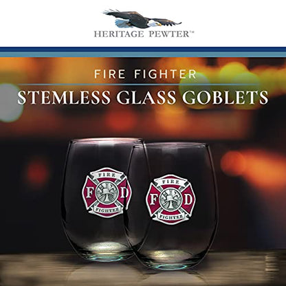 Heritage Pewter Firefighter Stemless Glass Goblets – Set of 2 | 15 OZ Goblet Wine Glasses | Expertly Crafted Pewter Glass - style: FIREFIGHTER RED