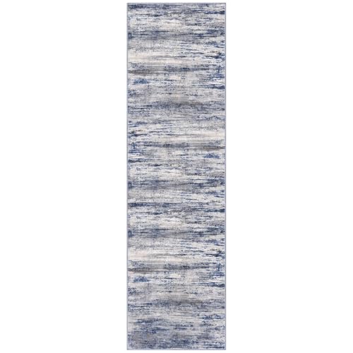KOZYFLY Modern Washable Rug Runner 2x7 Kitchen Runner Rugs Grey-Blue | Non-Slip, Non-Shedding, Low Pile Soft, Abstract Striped, For Hall Kitchen Entryway Bathroom Laundry Bedroom Foyer - color: Blue-grey, size: 2' x 7' (Runner)