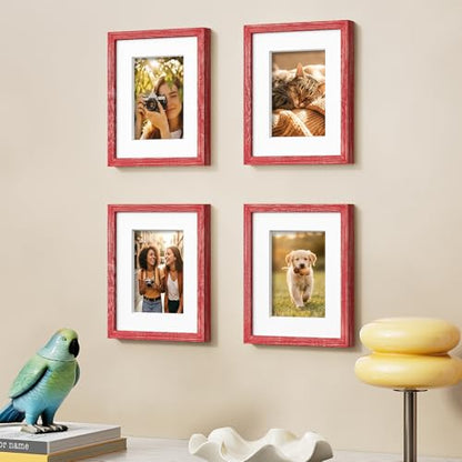 Vittanly Solid Wood 8x10 Picture Frames Set of 4, Distressed Red | 5x7 Picture Frame with Mat, Gallery Wall Frame Set, 8 x 10 Frame for Wall & Tabletop Display, Family, Pet, Christmas - color: Distressed Red, size: 8x10
