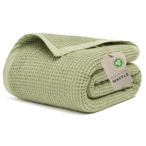 GOTS Certified 55"X60" Throw 100% Organic Cotton Waffle Blanket- Green | Premium Waffle Blankets & Throws for Bed, Throw Blanket for Couch, Modern & Cozy Blanket, All Season, Comfy and Soft Blankets - color: Mosstone, size: Organic Cotton - Throw