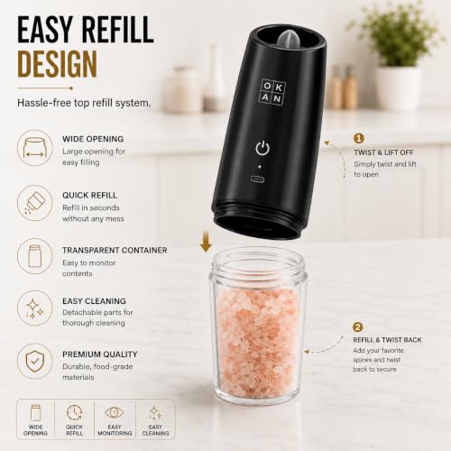 Automatic Electric Gravity Salt and Pepper Grinder Set, Rechargeable, One-Hand Operation, Dual USB-C Charging Cable, Adjustable Ceramic Burr, LED Light, 3.4 Oz - color: Black