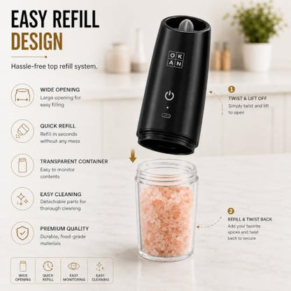 Automatic Electric Gravity Salt and Pepper Grinder Set, Rechargeable, One-Hand Operation, Dual USB-C Charging Cable, Adjustable Ceramic Burr, LED Light, 3.4 Oz - color: Black