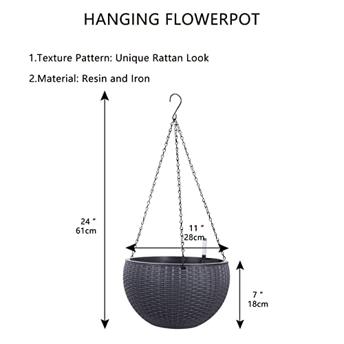 Vencer 11 Inch Round Resin Rattan Hanging Planters,Grey,VF-A15-G | Self Watering,Drain Hole,Metal Chain,Water Indicator,Indoor Outdoor - color: Gray