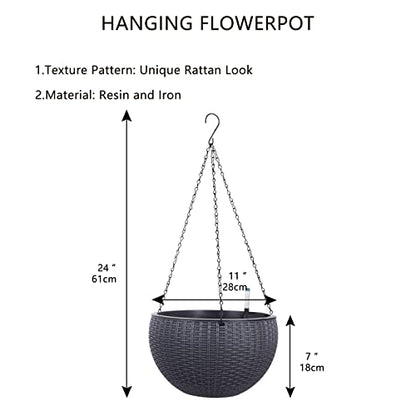 Vencer 11 Inch Round Resin Rattan Hanging Planters,Grey,VF-A15-G | Self Watering,Drain Hole,Metal Chain,Water Indicator,Indoor Outdoor - color: Gray