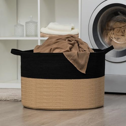 XXXLarge Woven Cotton Rope Basket (21.7" x 13.8") – Blanket Basket for Living Room, Laundry Hamper, Baby Laundry Hamper, Toy Storage, Pillows & Cushions Organizer (Black&Brown) - color: Black&Brown