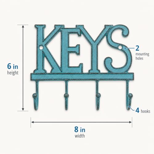Comfify Rustic Blue Cast Iron Key Holder for Wall – Keys Sign with 4 Hooks | Rustic blue antique finish; mounting hardware included; entryway, hallway or door; 6"H x 8"L; holds 8 keychains - color: Rustic Blue