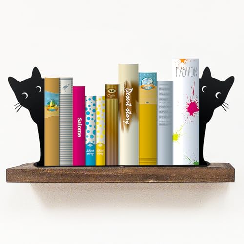 Peeping Cat Bookends,Metal Book Ends for Heavy Books for Shelves Decorative,Bookshelf Decor Home Office Desk for Cat Lover Gifts (Black Cat) - color: Black Cat