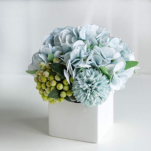 LADADA Fake Flowers in Ceramic Vase,Fake Potted Flower for Table Home Decor | Blue Fake Silk Flower Arrangement with Green Berries Ceramic Vase, Faux Floral for Indoor Home Table, Office, Bathroom Decor - color: Blue Hydrangea