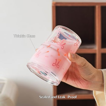 INSETLAN 13 oz Bow Decal Glass Tumblers Set of 2, Thick Wall Glass Cups with Lid and Glass Straw, On-the-Go Coffee Cups for Iced Coffee, Tea, Milk, Hot & Cold Drinks, Travel & Daily Use - color: 13 oz - 2 Pcs - With Bow Decal