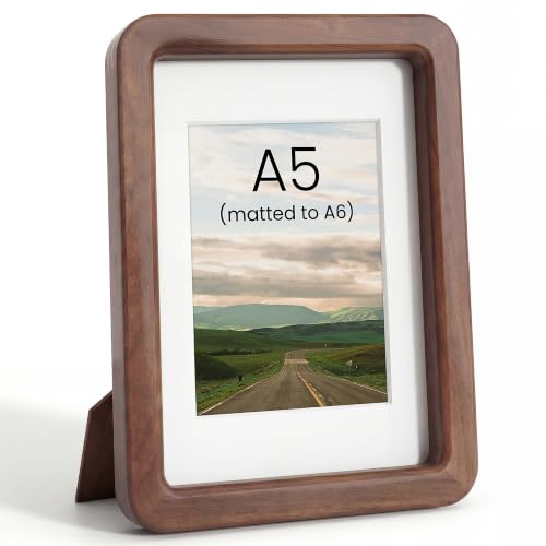 Acovy A5 (14.8x21cm) Picture Frame, Natural Solid Walnut | Handcrafted Wooden Photo Frame, Dual Use for Tabletop & Wall Mount, Matted to Fit A6 Photos, HD Tempered Glass - color: Walnut, size: A5(14.8x21cm)