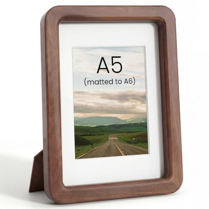 Acovy A5 (14.8x21cm) Picture Frame, Natural Solid Walnut | Handcrafted Wooden Photo Frame, Dual Use for Tabletop & Wall Mount, Matted to Fit A6 Photos, HD Tempered Glass - color: Walnut, size: A5(14.8x21cm)